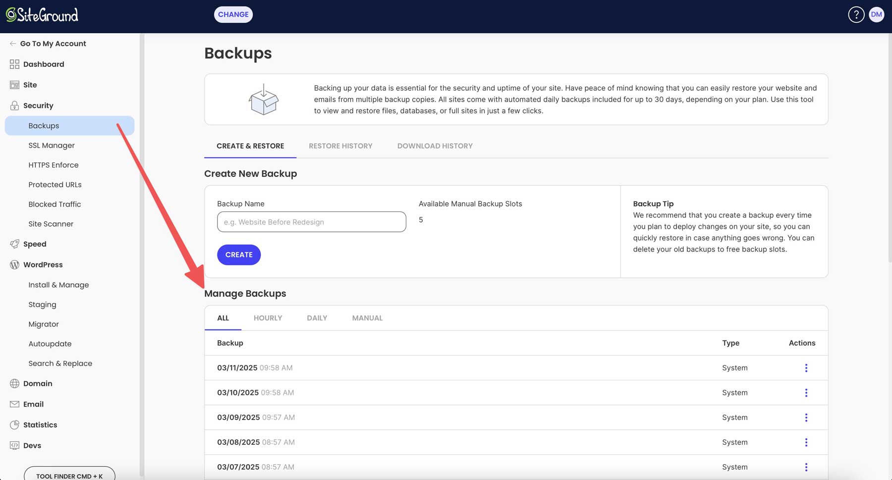 SiteGround backups