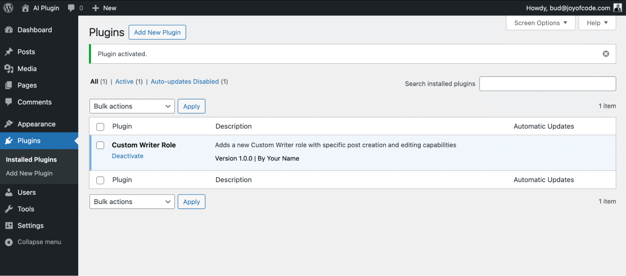 Activate WordPress plugin created by Cursor