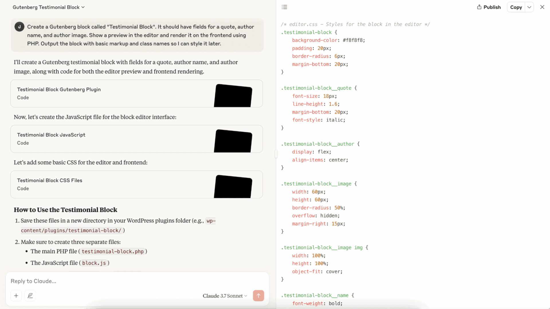 Claude interface showing separation between code and file sections.
