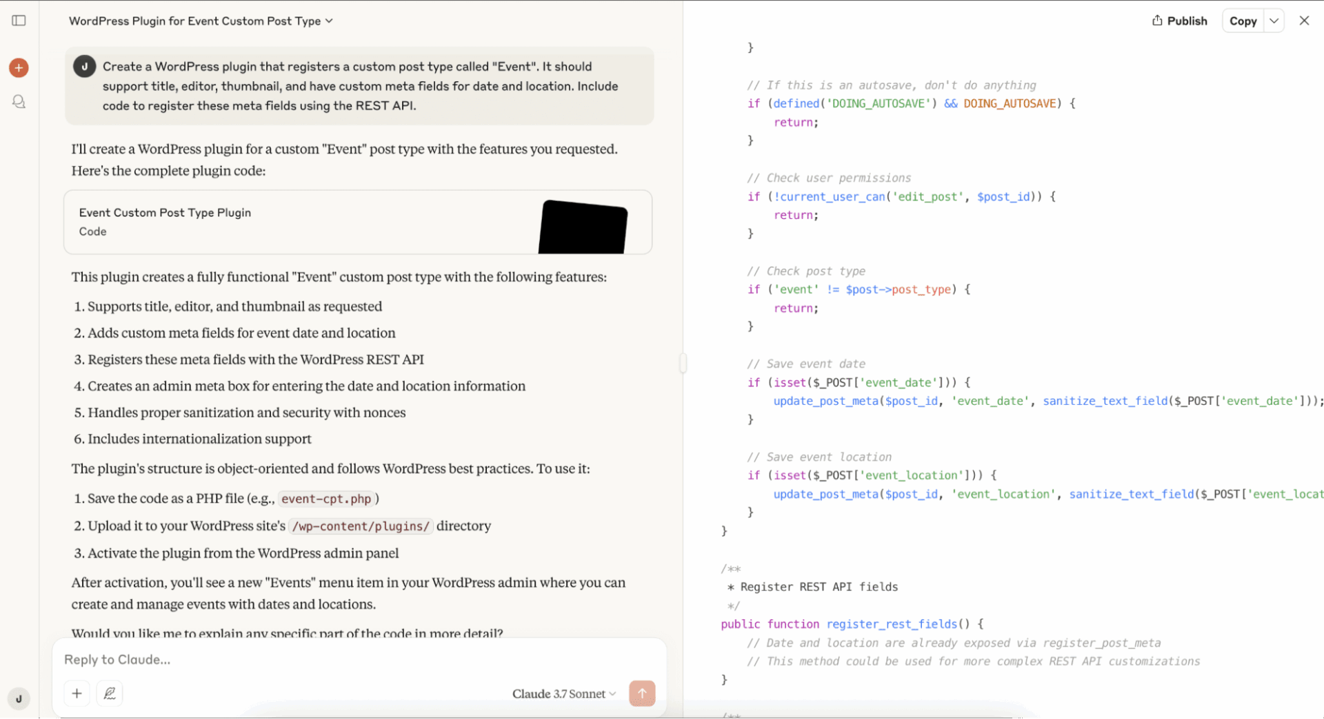 Example output generated by Claude in a conversational interface.