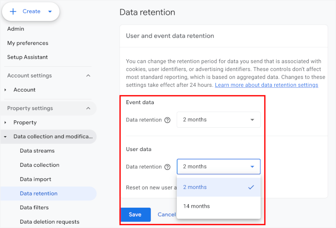 Setting up retention period in GA4
