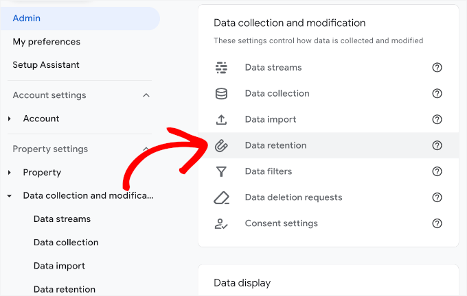 Data retention menu in GA4