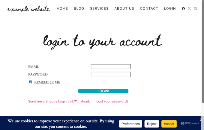 Cookie consent banner on a live WordPress site