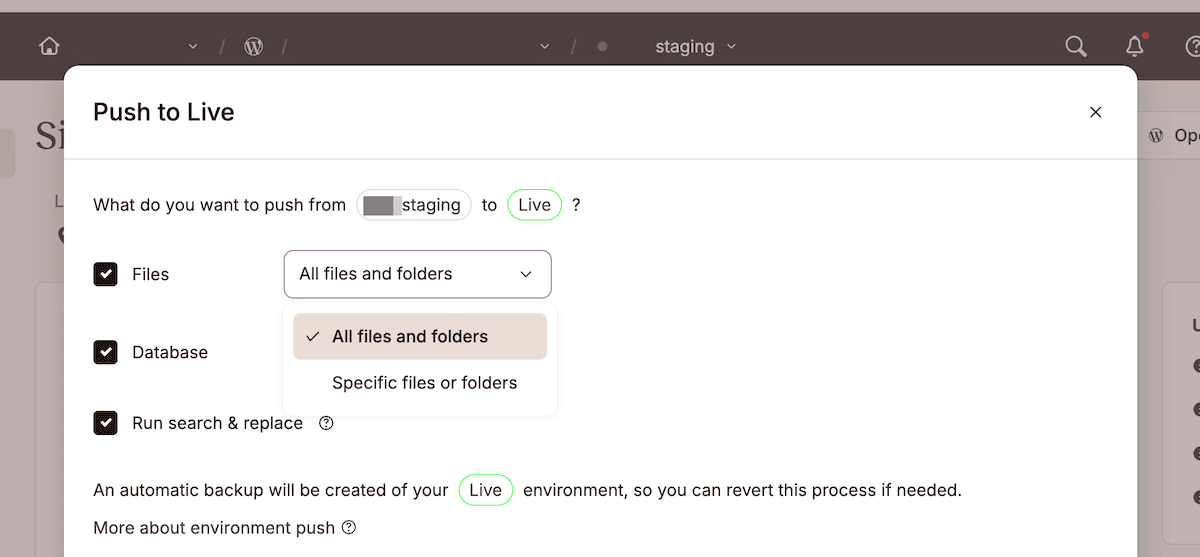 The Push to Live dialog box that appears when deploying from a staging environment within MyKinsta. The modal window shows options for what to push from staging to live, with checkboxes for Files, Database, and running a search and replace. A drop-down menu shows All files and folders is selected, and there's a note stating that MyKinsta will create an automatic backup of the live environment.