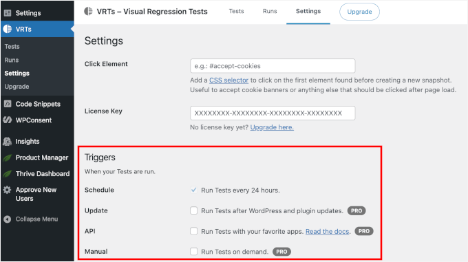 Setting up VRTs triggers