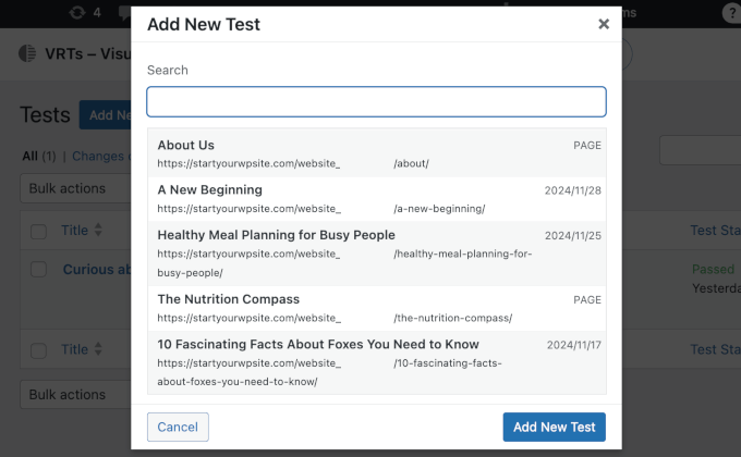 VRTs' add new test popup