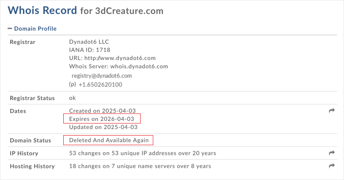 Example of an Expiring Domain's WHOIS Record