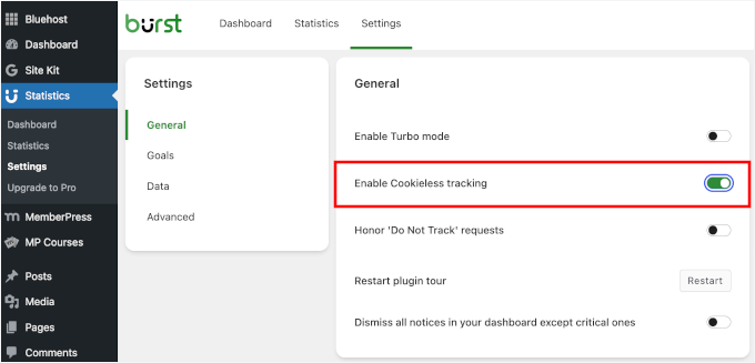 Enable Burst Statistics' cookieless tracking