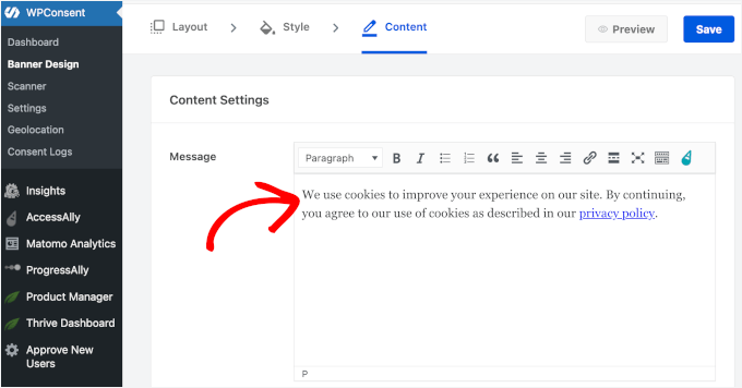 Editing WPConsent message to include a link to the Privacy Policy page