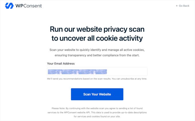 Prompt to scan website for cookies