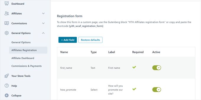 YITH WooCommerce Affiliates Registration Form settings