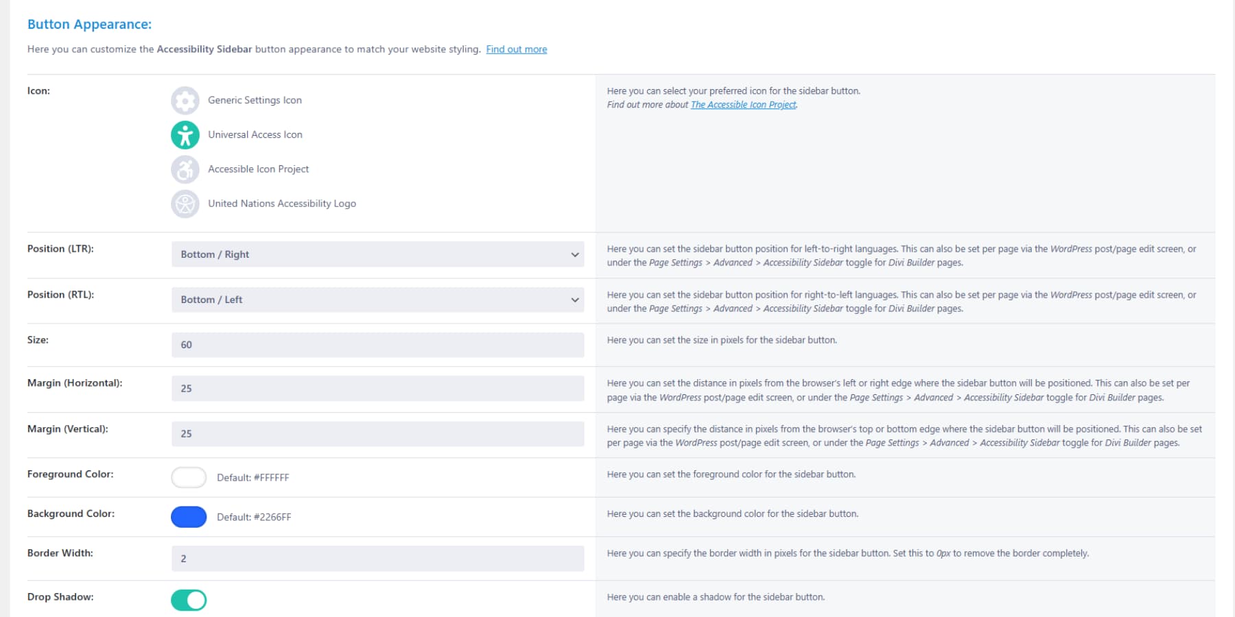 A screenshot of Accessibility Sidebar's button appearance options