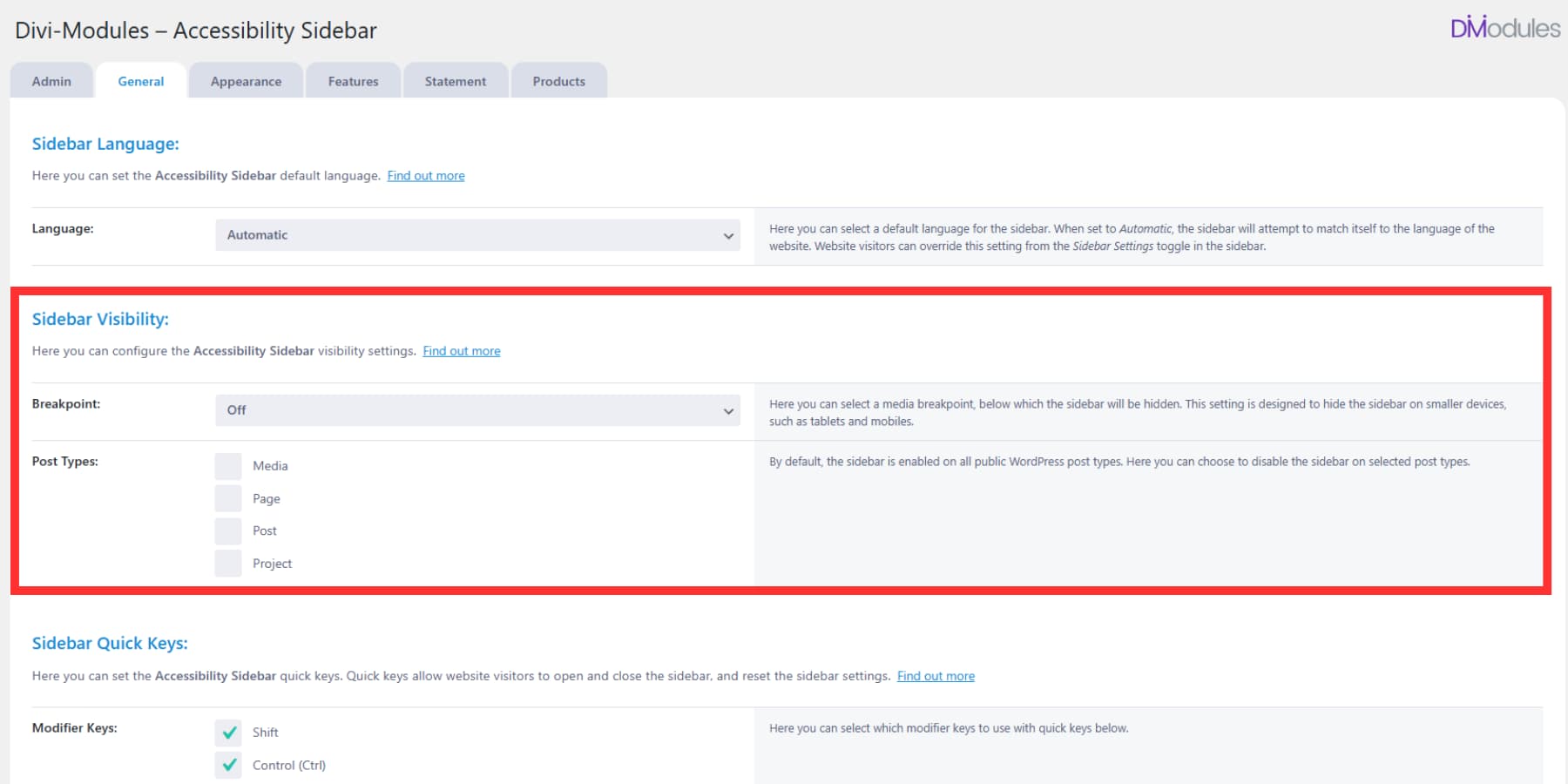 A screenshot of Accessibility Sidebar's visibility options