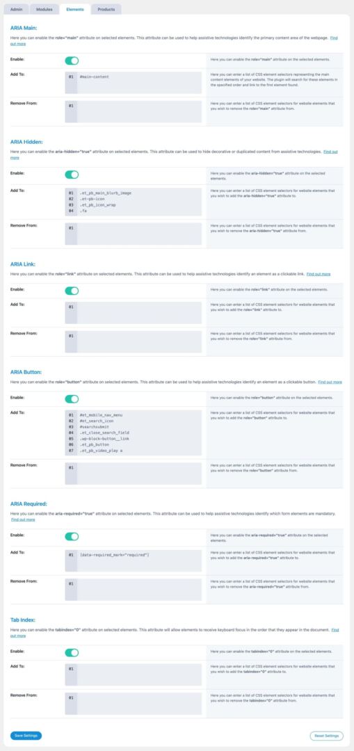 Elements tab in accessibility attributes