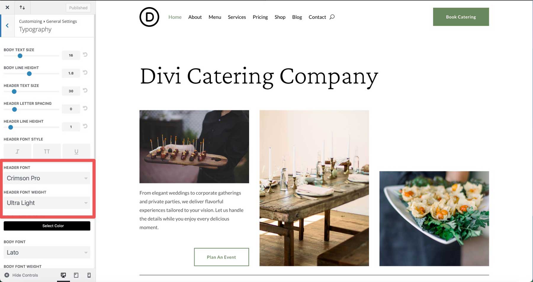 Catering starter site for Divi
