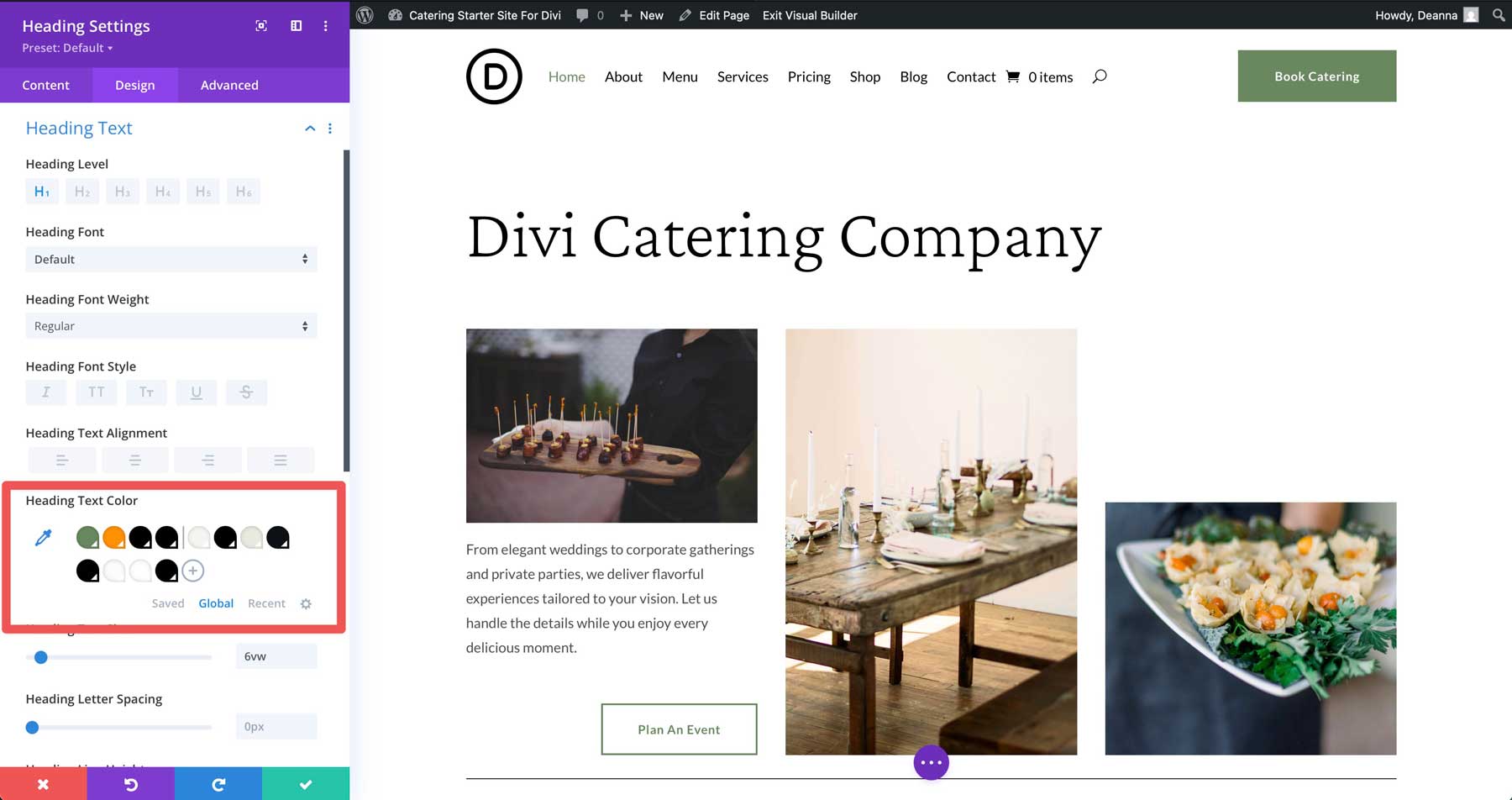 Catering starter site for Divi