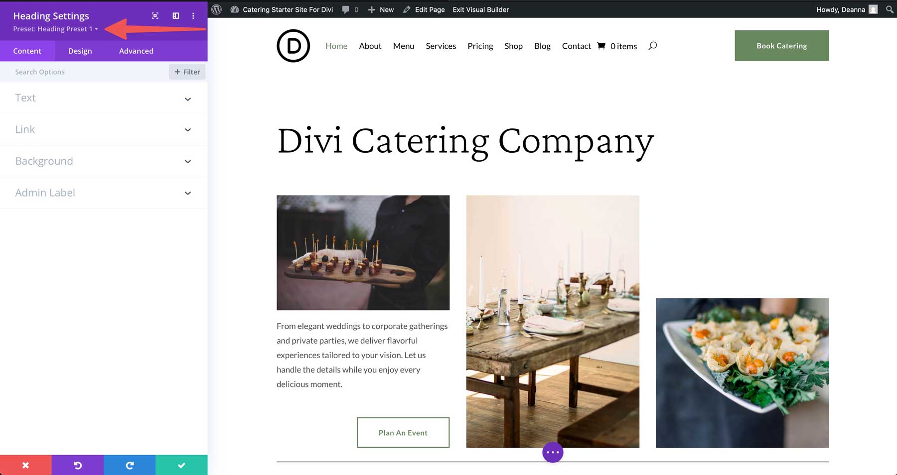 Catering starter site for Divi