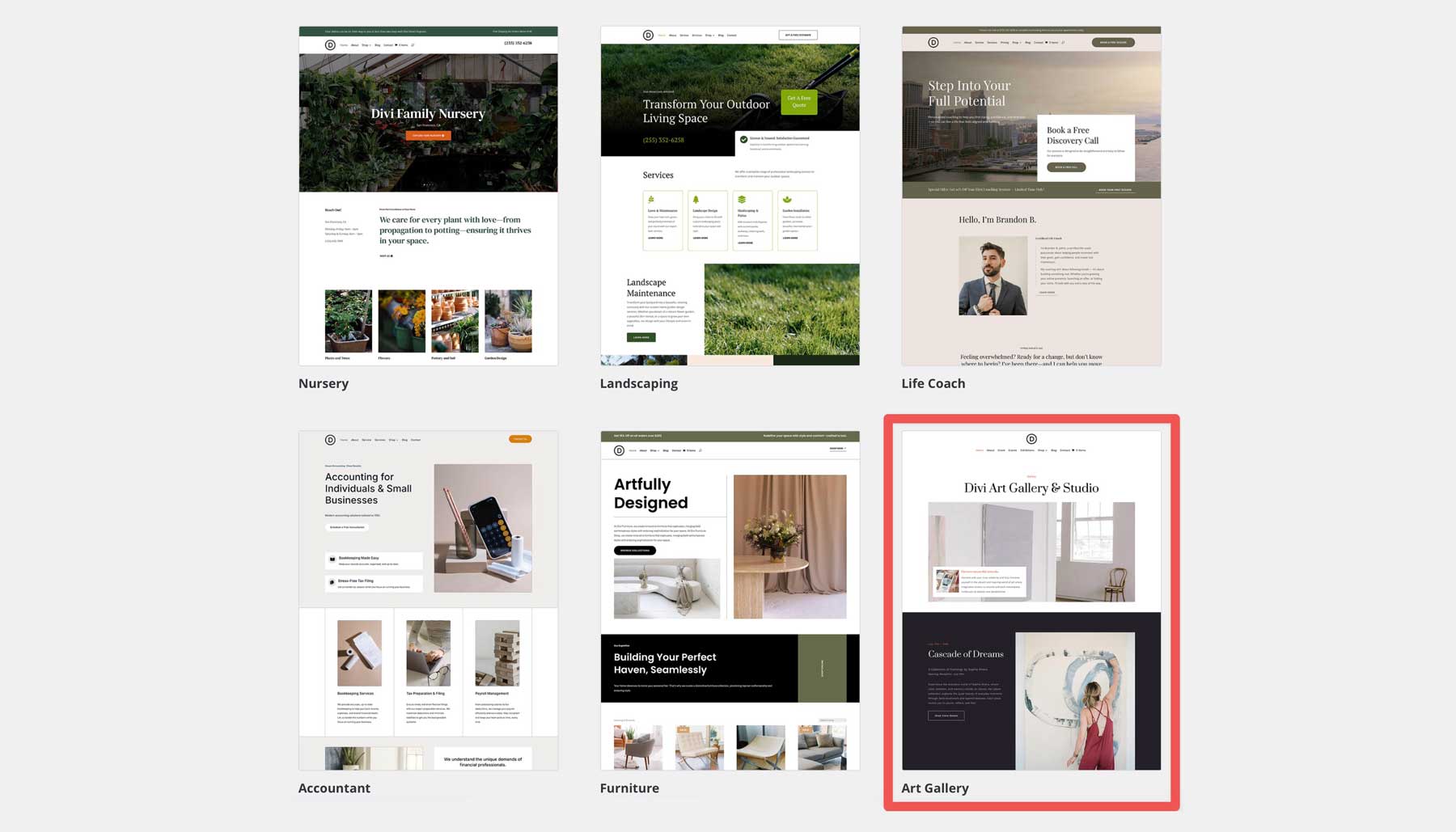 Art Gallery starter site for Divi