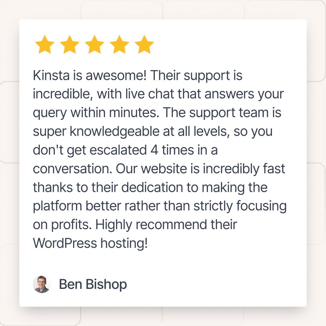 Customer testimonial from Ben displayed in a branded review card.
