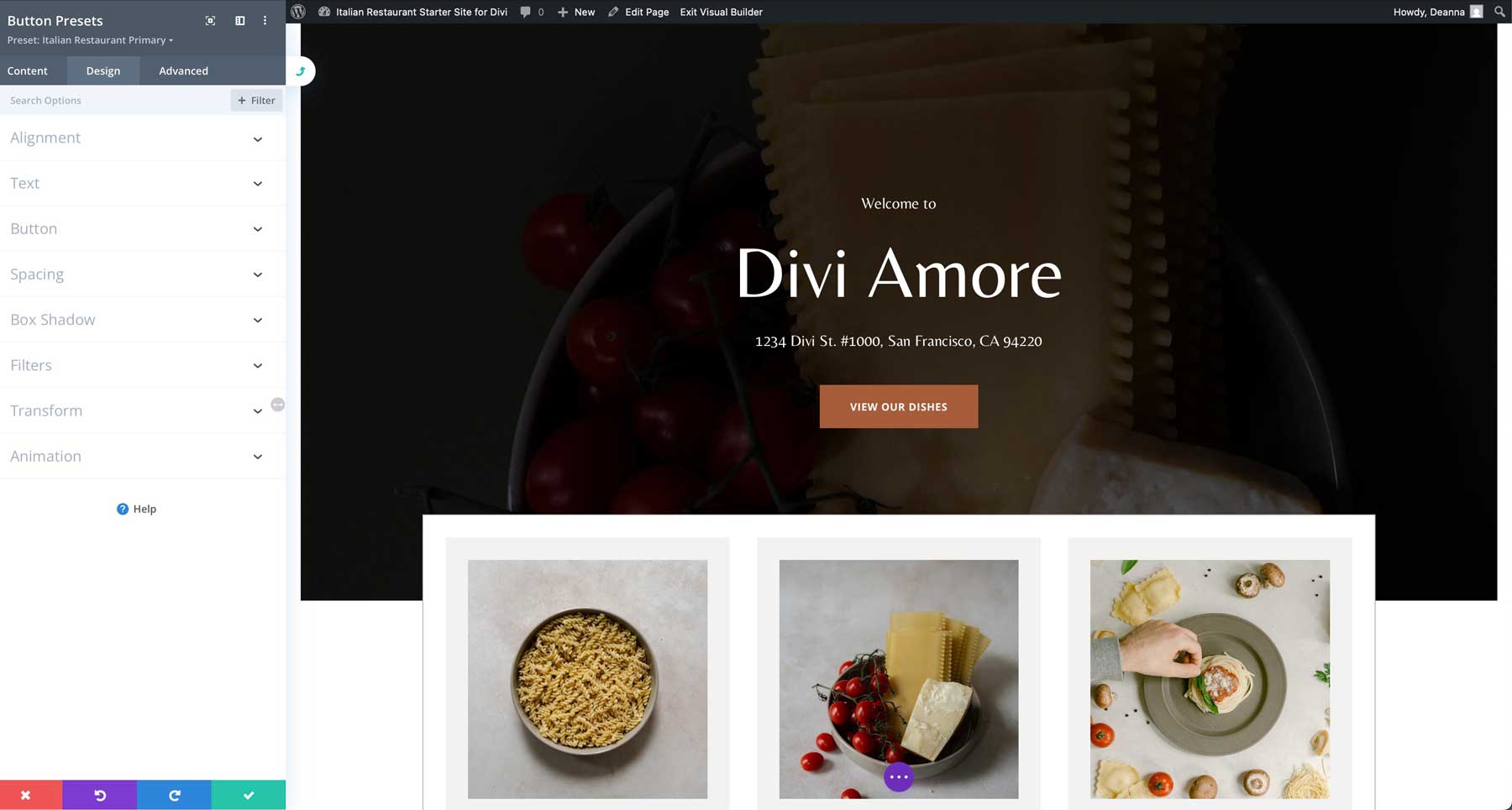 Italian Restaurant starter site for Divi