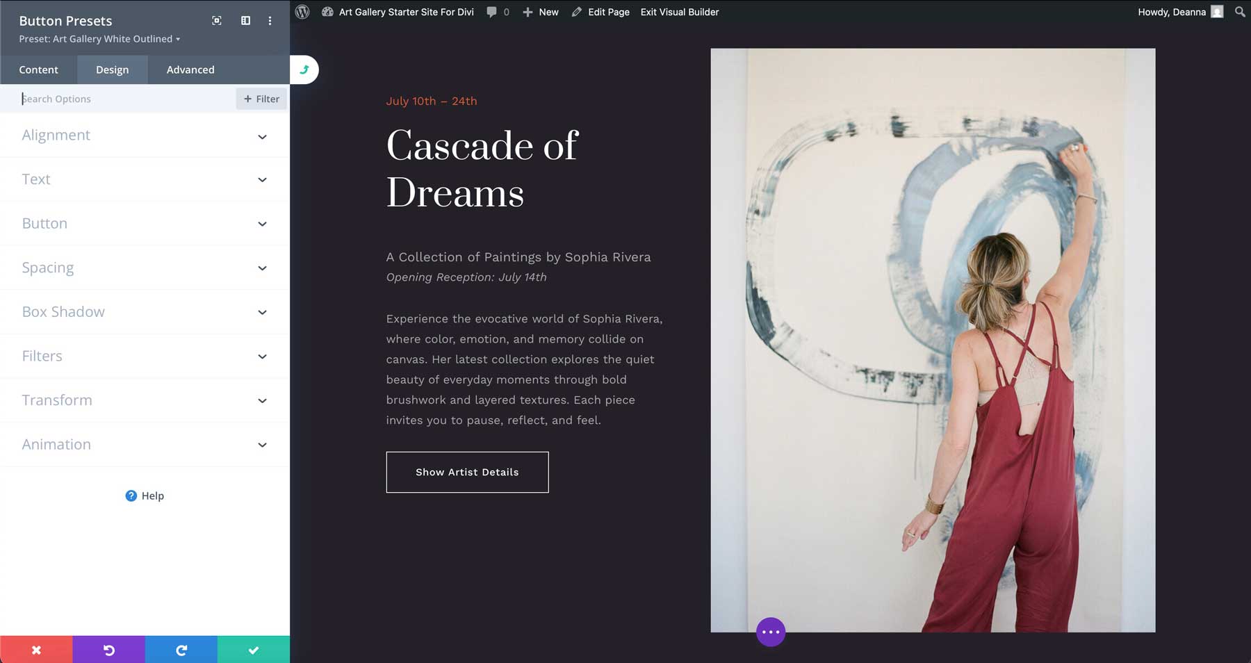 Art Gallery starter site for Divi