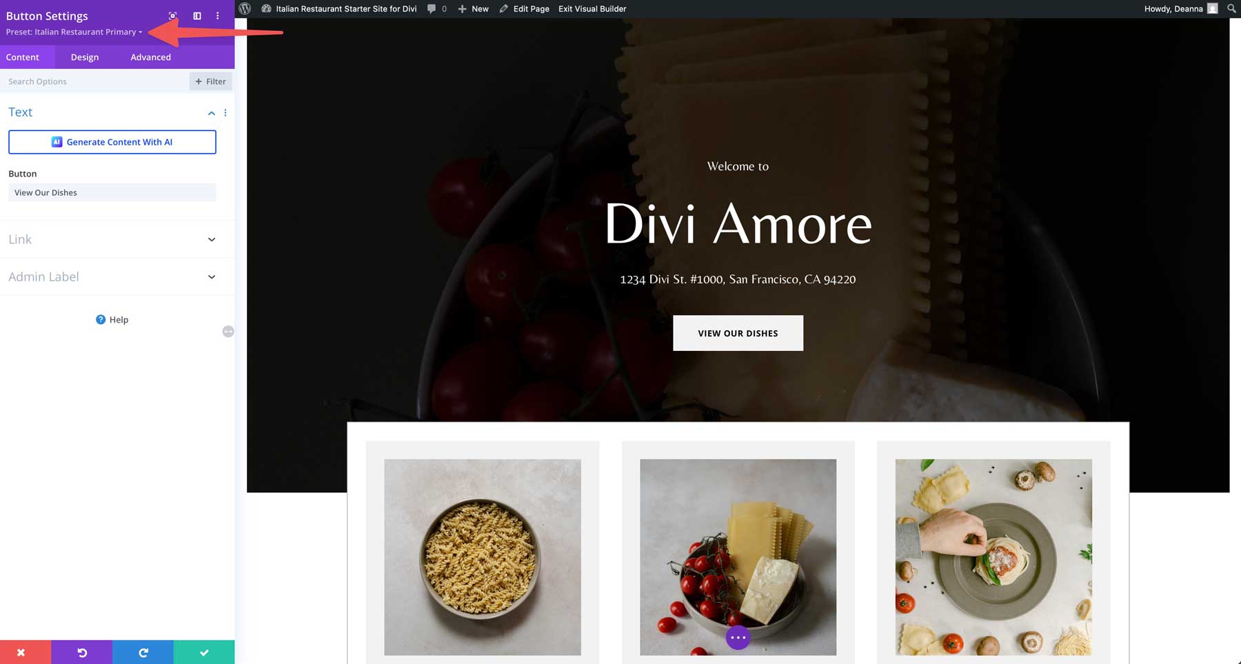 Italian Restaurant starter site for Divi