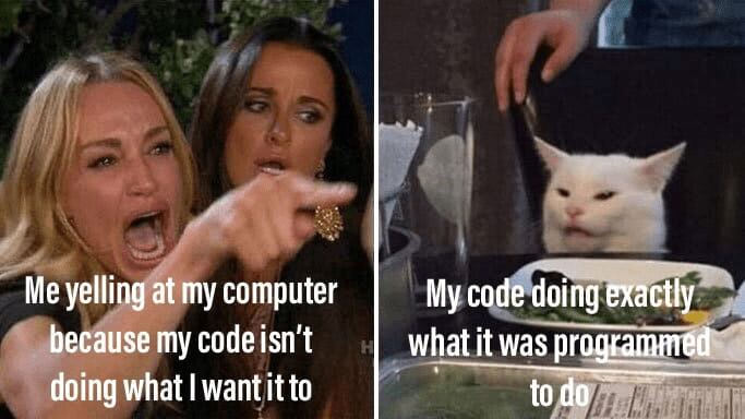 Meme showing a person yelling at their computer because the code isn’t working as expected, while the code smugly does exactly what it was programmed to do.