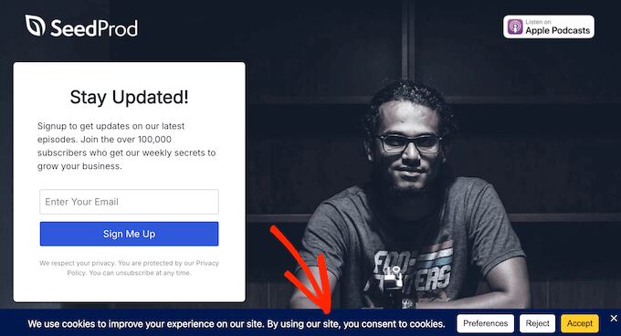 An example of a cookie consent banner, created using WPConsent 