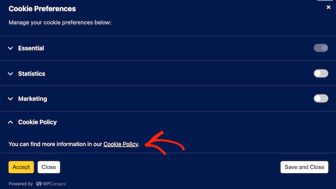 Linking directly to your cookie policy, from a WordPress popup created with WPConsent