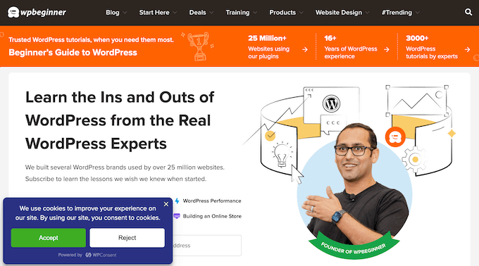 WPBeginner's cookie consent popup, created using WPConsent