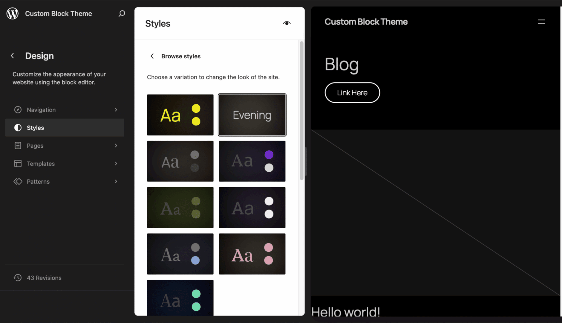 Child theme displayed with the custom Evening style variation enabled.