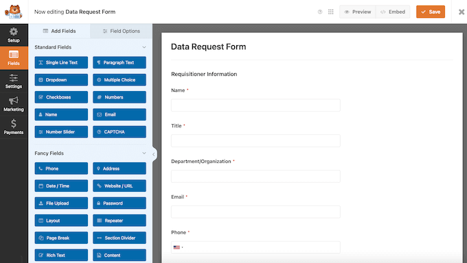 An example of a VCDPA-compliant data request template, provided by WPForms 
