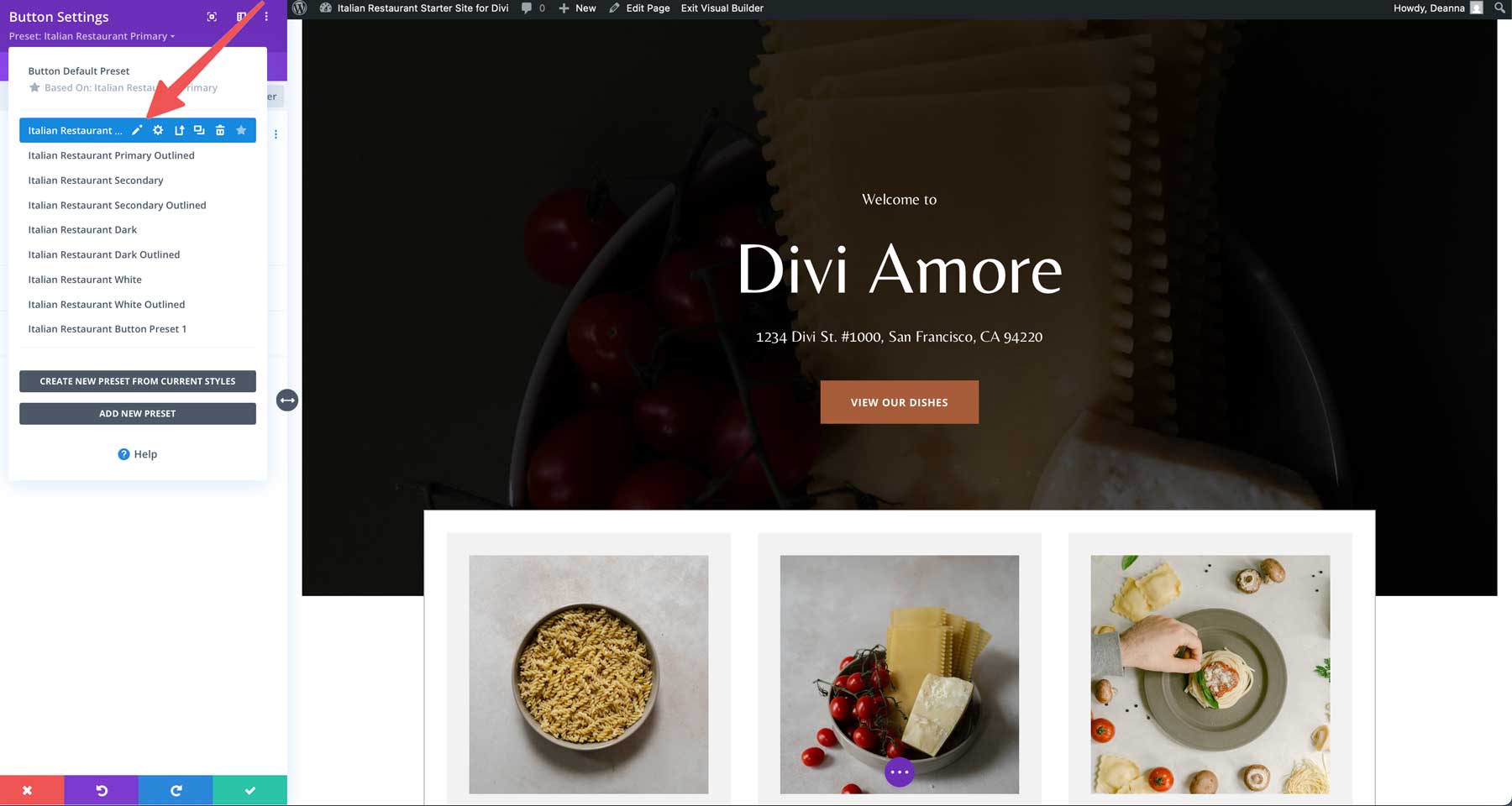 Italian Restaurant starter site for Divi