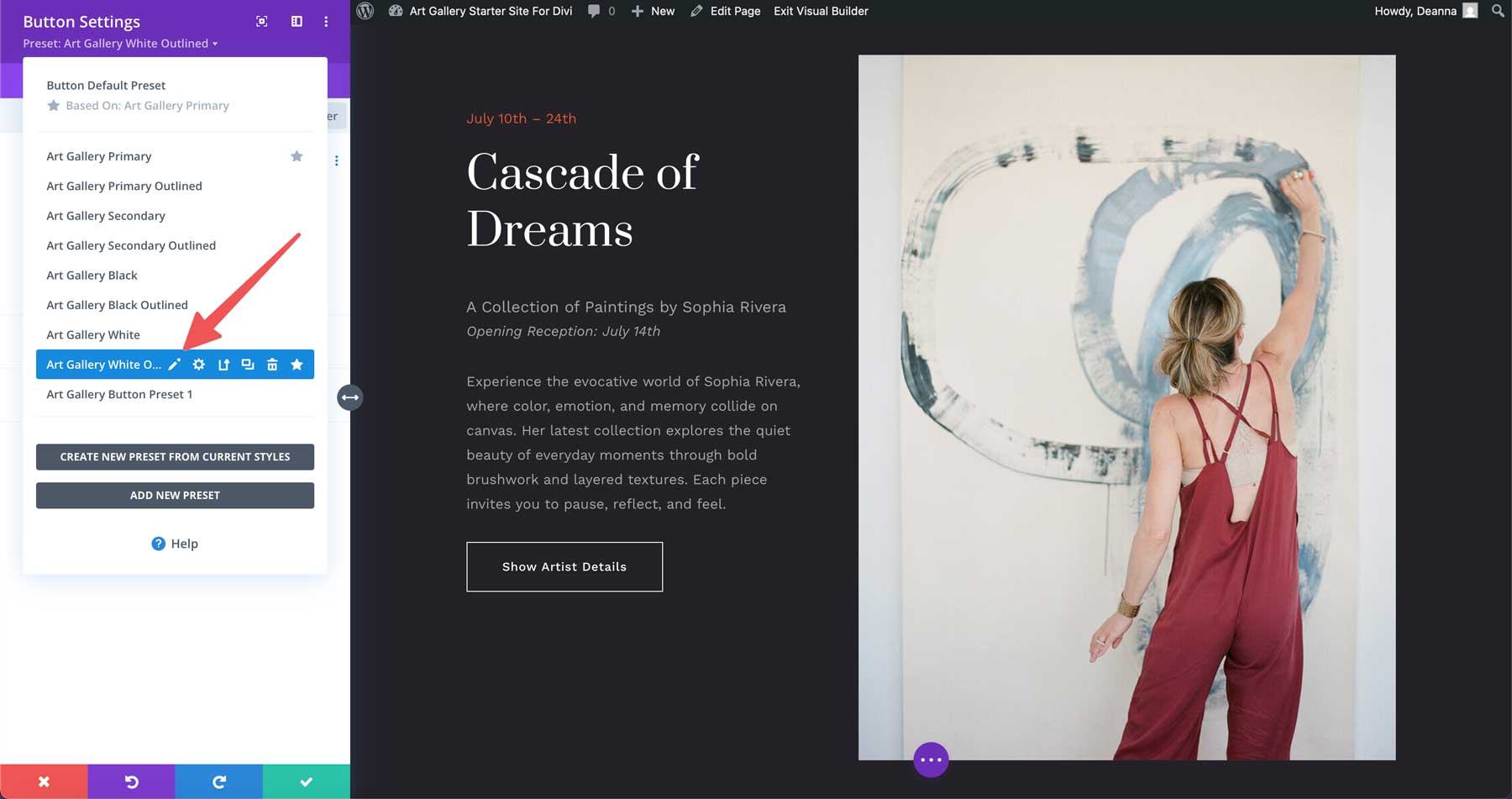 Art Gallery starter site for Divi