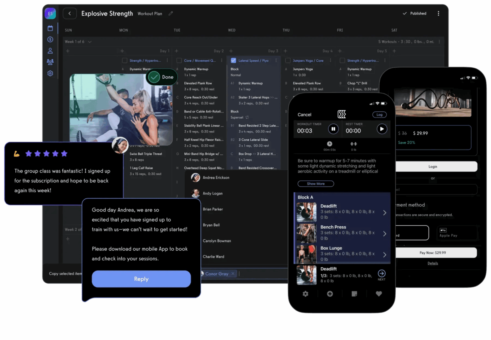 Exercise.com platform showing workout delivery, member progress tracking, and custom-branded mobile app