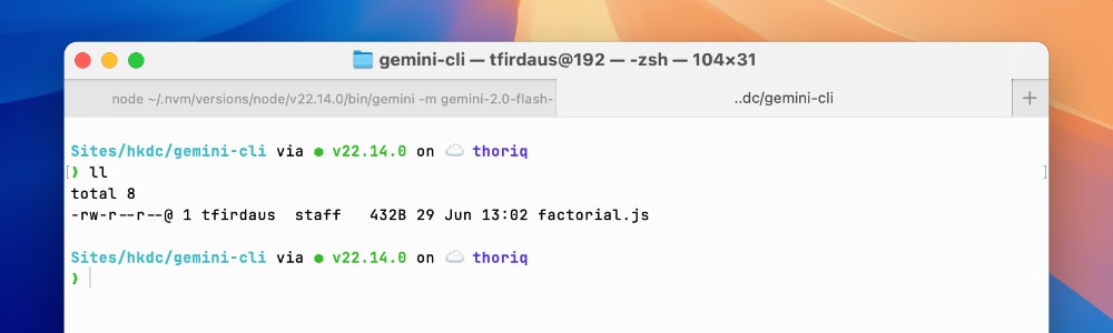 Terminal showing ls command output with newly created factorial.js file