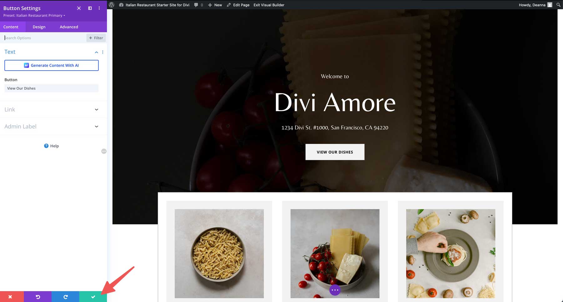 Italian Restaurant starter site for Divi