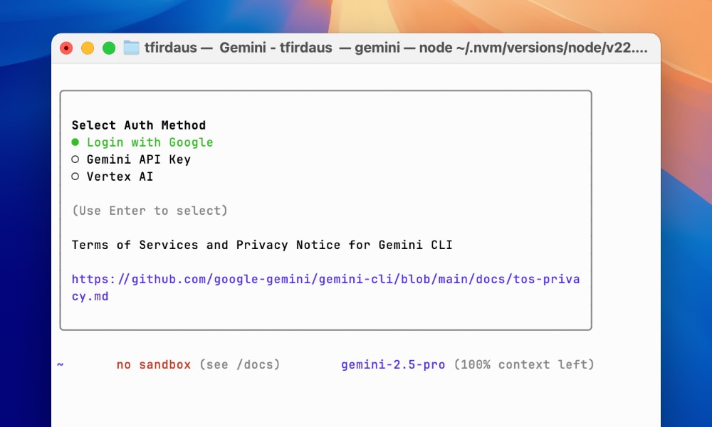 Gemini CLI authentication screen showing Google Account and API key options