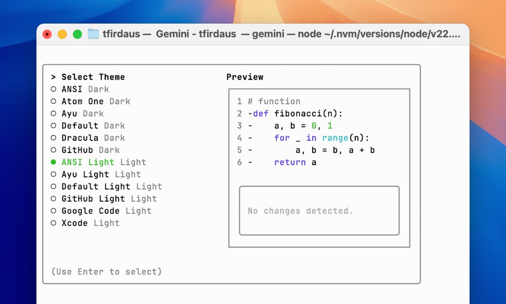 Gemini CLI initial setup showing theme selection interface