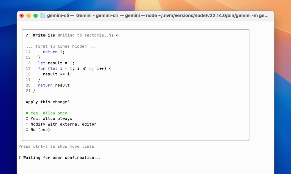 Gemini CLI saving generated code to factorial.js with permission prompt