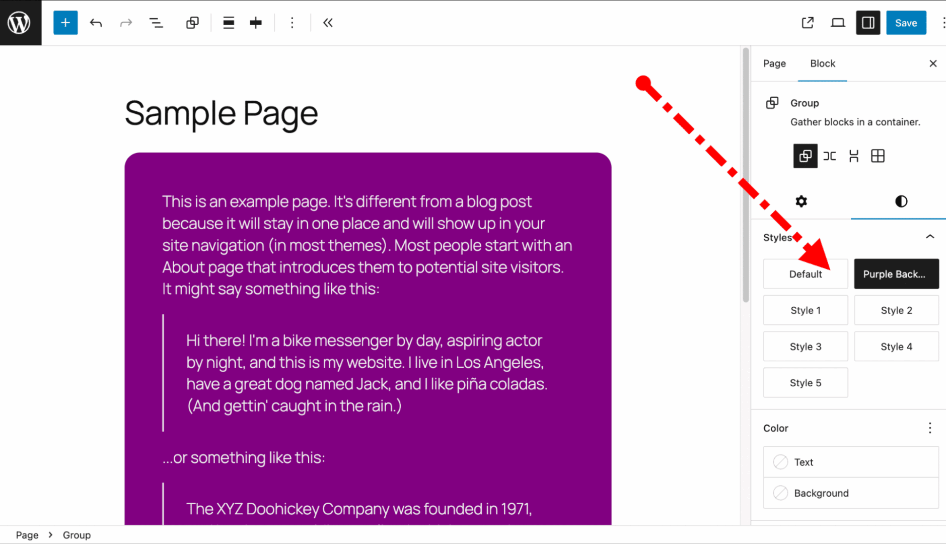 Group block using a custom style variation in the Site Editor.