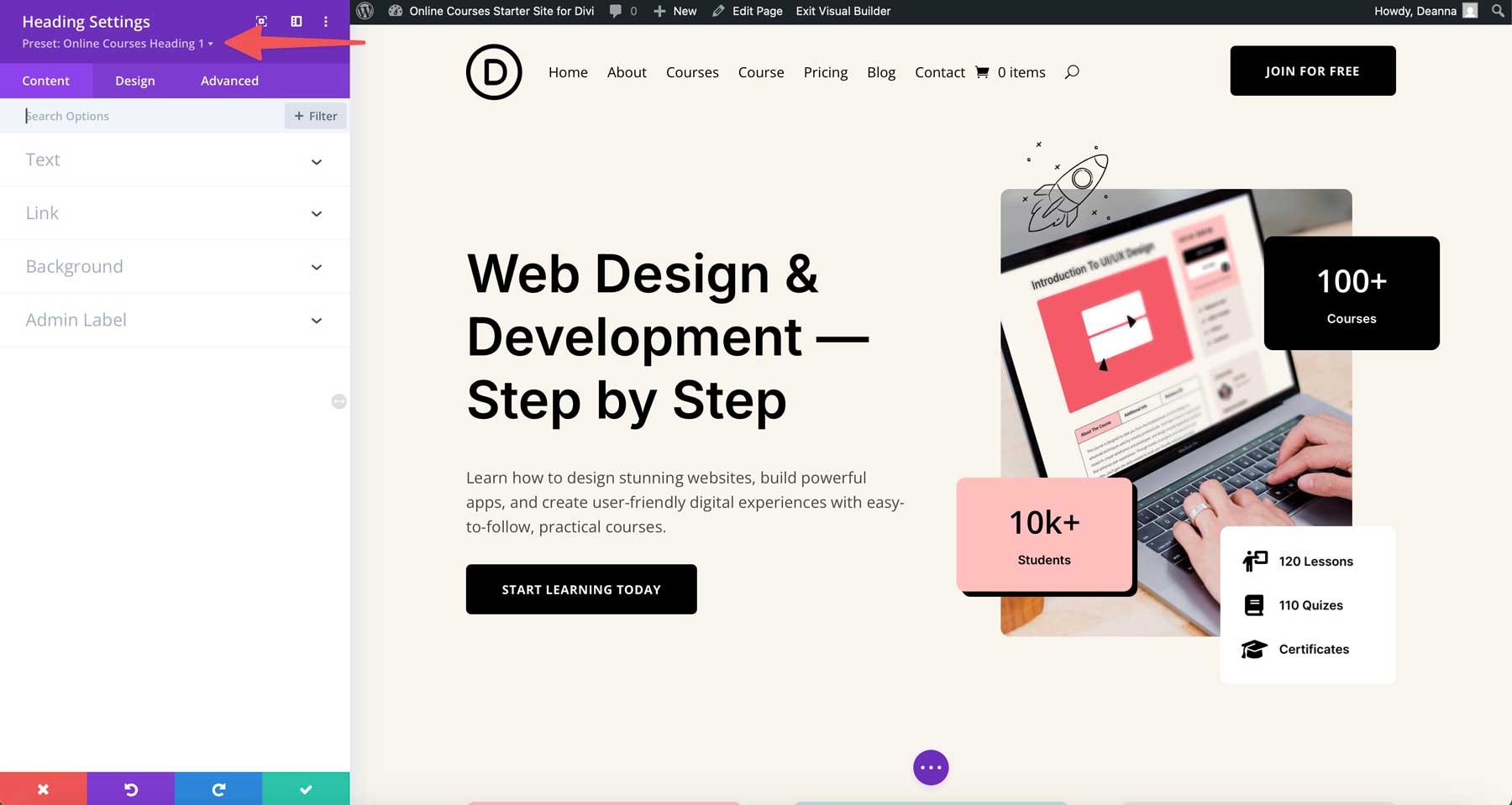 online courses starter site for Divi