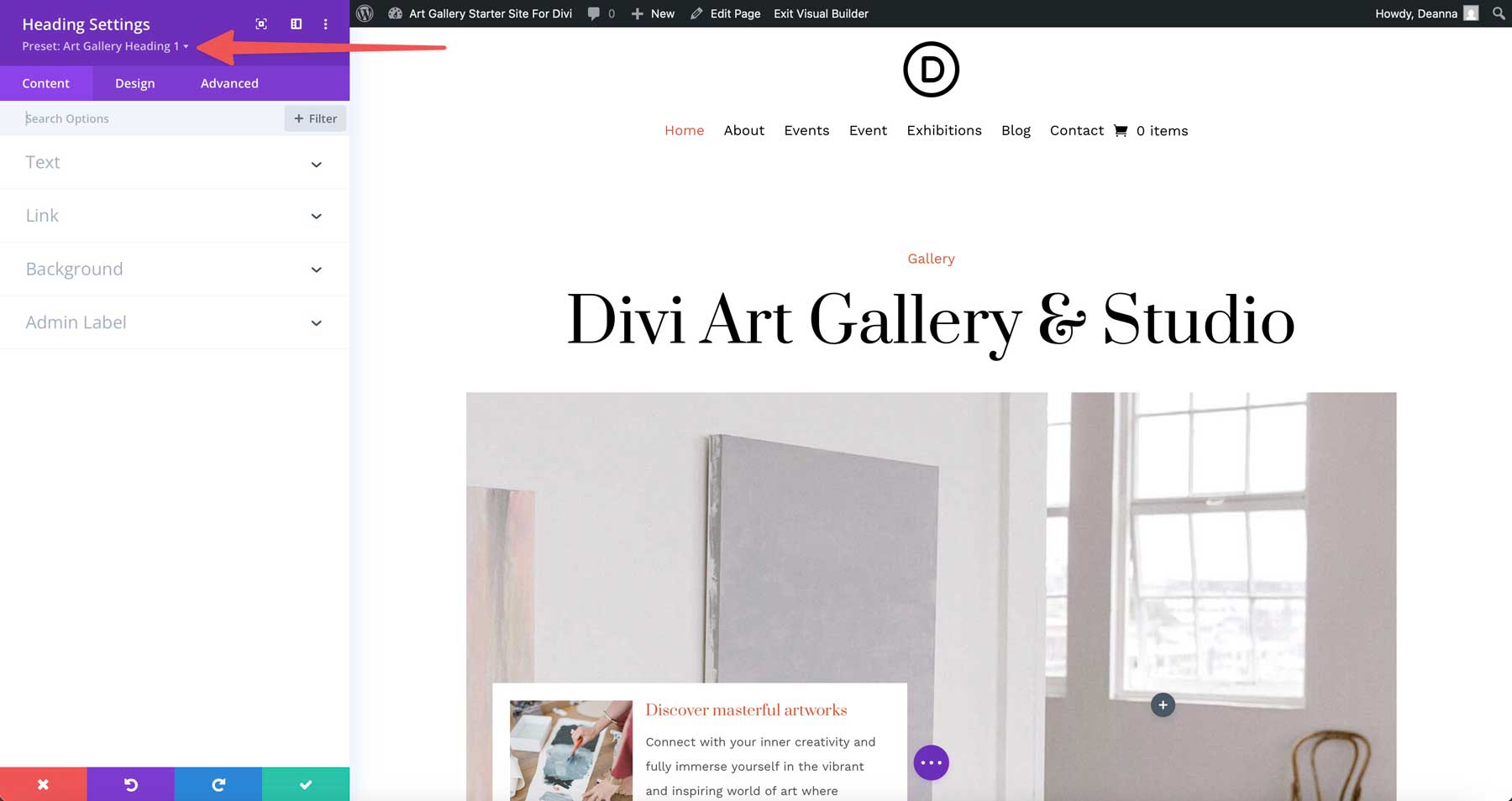 Art Gallery starter site for Divi