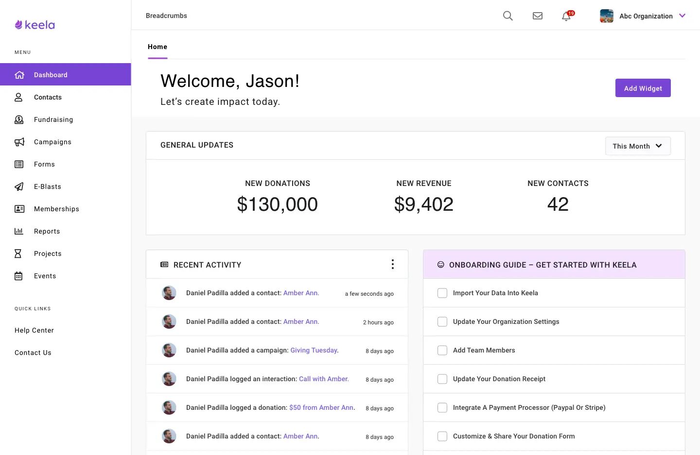 a screenshot of the keela crm user interface