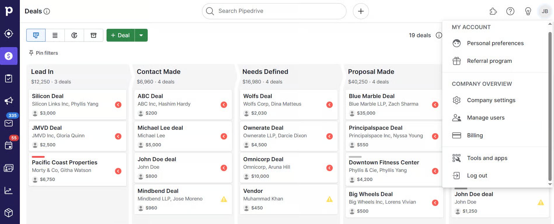 a screenshot of pipeline’s CRM user interface