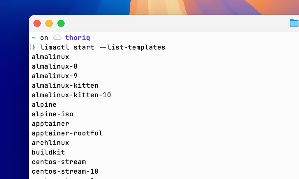 Lima VM Linux templates list