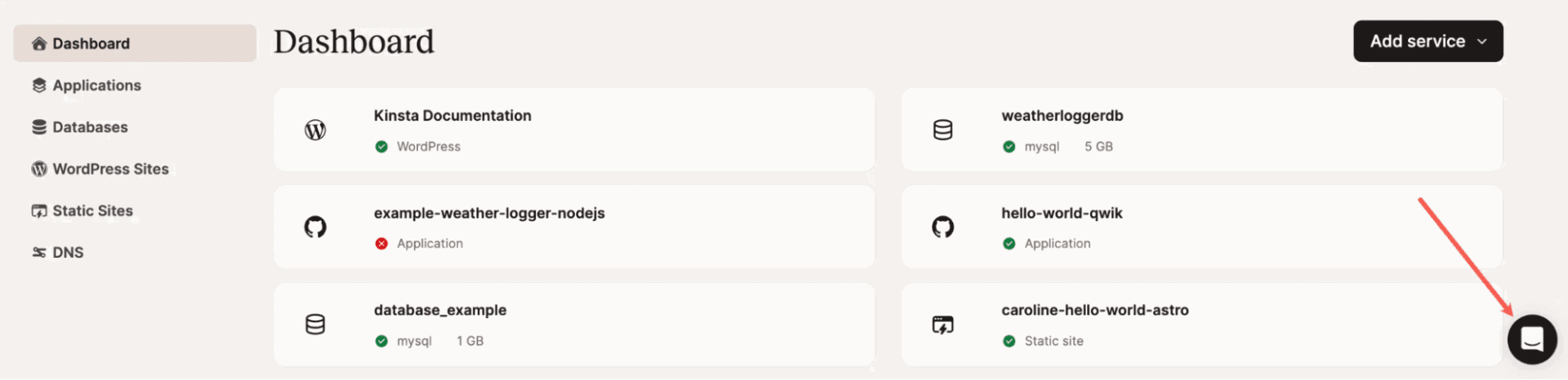 MyKinsta dashboard displaying the support interface and chat access panel.