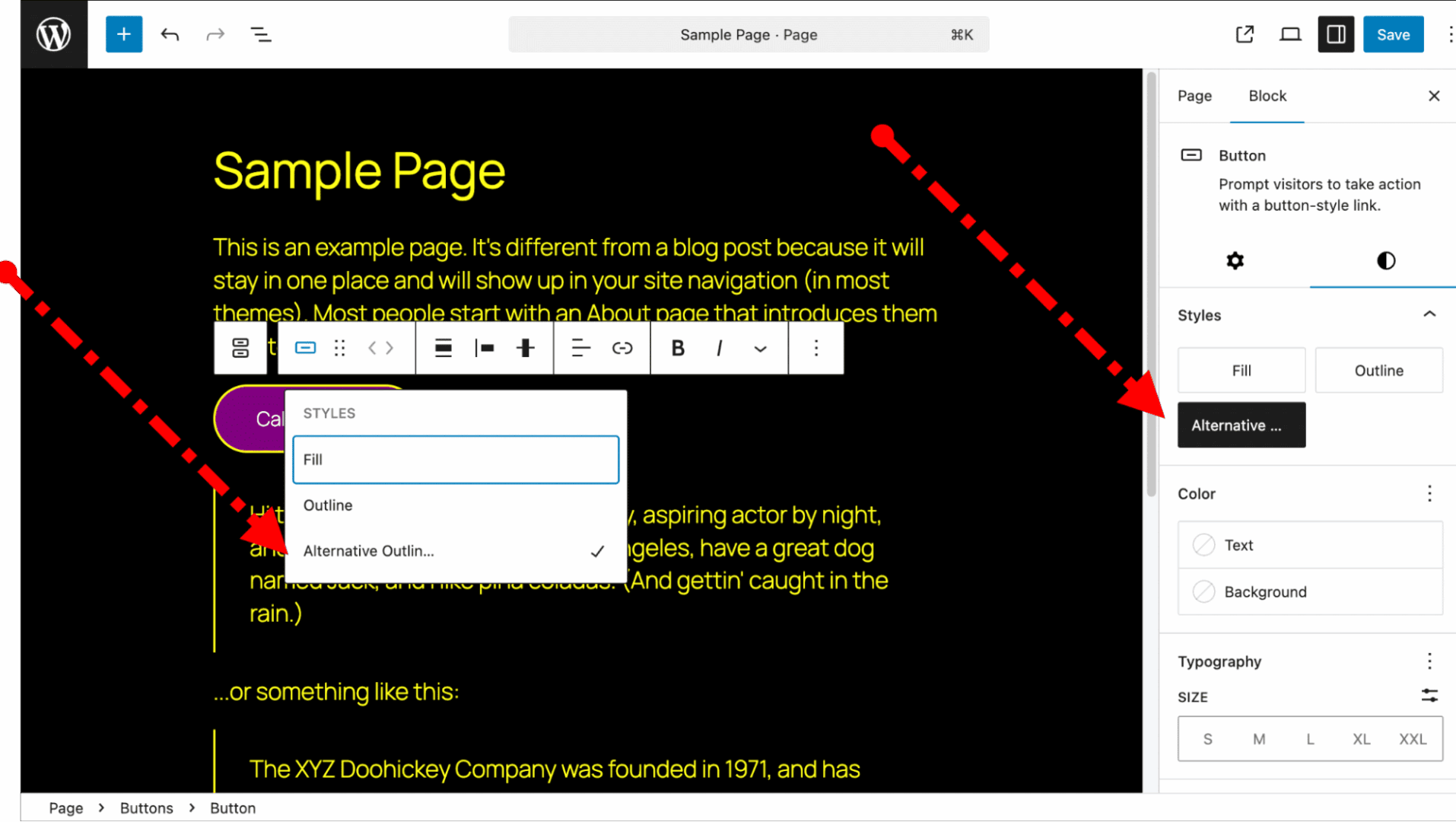 New Alternative Outline button block style visible in the toolbar and sidebar.