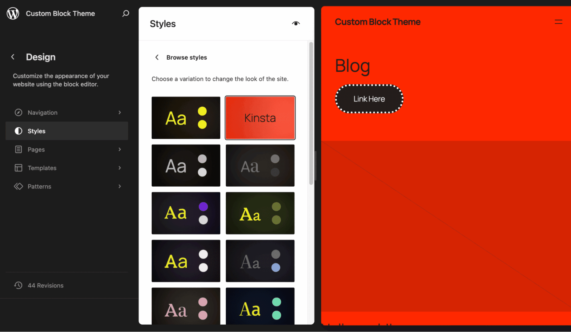 New style variation highlighted in the Site Editor interface.