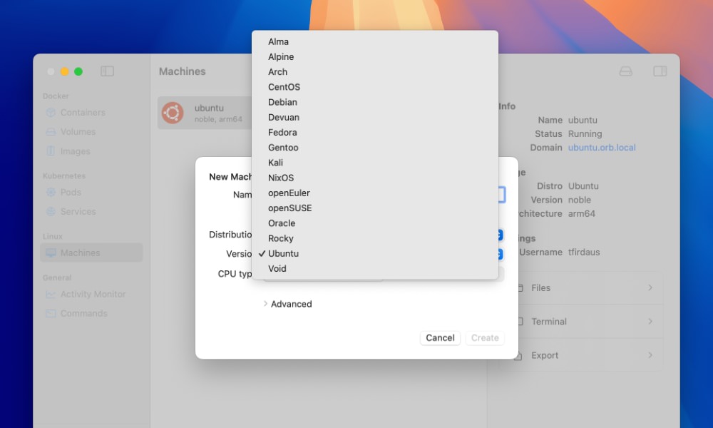 OrbStack Linux VM installation interface